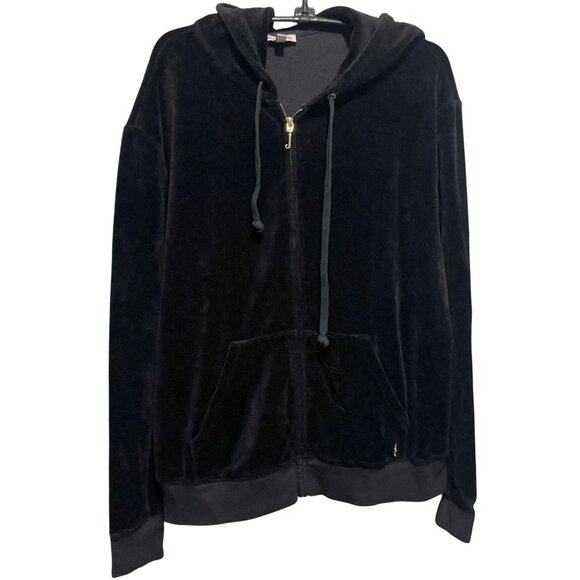 Juicy Couture Black Velour Zip Front Long Sleeve Hoodie Track Jacket No Bling M - Picture 1 of 6